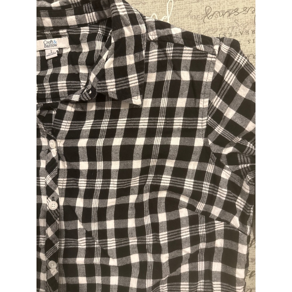 Croft & Barrow Womens Black White Buffalo Plaid Button Down Shirt Large L